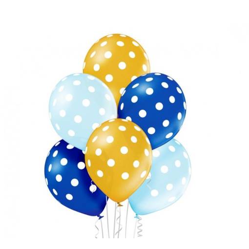 Prémiové balóniky - Modré a žlté s bodkami, 6 kusov